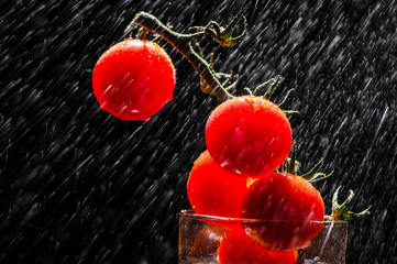 Vitamins are food for vegetarians. Cherry tomatoes in water.