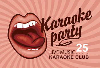 Vector music poster or banner for karaoke party with singing mouth and calligraphic inscription on the abstract background with pink rays in retro style.
