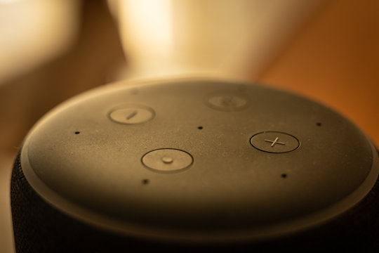 Barcelona, Spain. January 2019: Macro Shot And Selective Focus On Amazon Echo Plus Smart Home Device With Alexa Voice Control. Illustrative Editorial