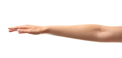 Young woman holding her hand on white background, closeup