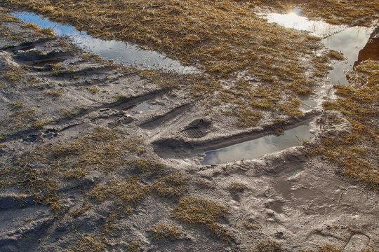 Dirt traces from puddle wheels. Texture brown color background.