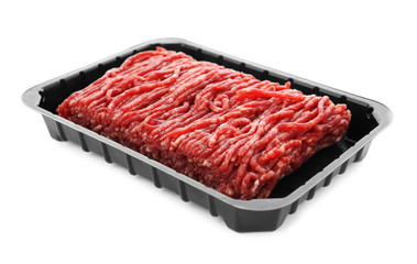 Fresh raw minced meat on white background