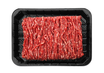 Fresh raw minced meat on white background, top view