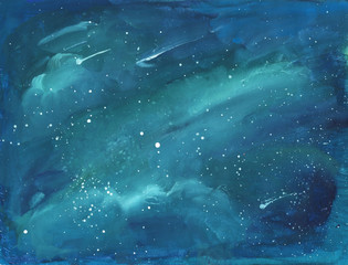 Fototapeta premium Starry sky background. Galaxy. Hand-drawn, gouache illustrartion of starry sky, milky way. Universe. Falling stars. Astronomy concept.