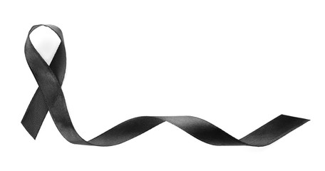 Black ribbon on white background, top view. Funeral symbol - obrazy, fototapety, plakaty