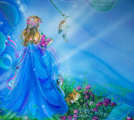 Fairies of fantasy world with lights and ethereal animals. Handmade blue illustration for children's book. 