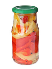 Glass jar with pickled bell peppers isolated on white