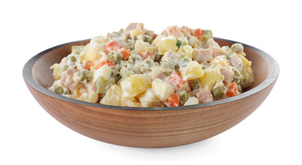 Delicious homemade salad Olivier on white background