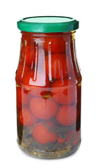Glass jar with pickled tomatoes isolated on white