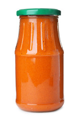 Glass jar with pickled squash spread isolated on white