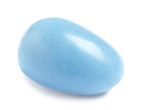 Beautiful light blue angelite gemstone on white background