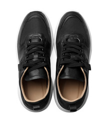 Pair of stylish shoes on white background, top view