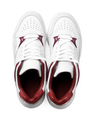 Pair of stylish shoes on white background, top view