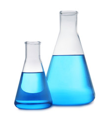 Conical flasks with blue liquid on white background. Laboratory glassware