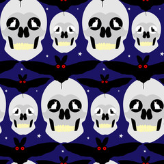 Evil/scary/funny looking/smiling skulls with the cats in the eyes, flying bat on top of the head, creative seamless pattern for halloween costume fashion/decor/wallpaper/gift wrap/textile print etc