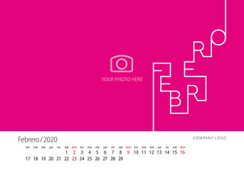 2020 New Desk Calendar Spanish language February line design template pink background