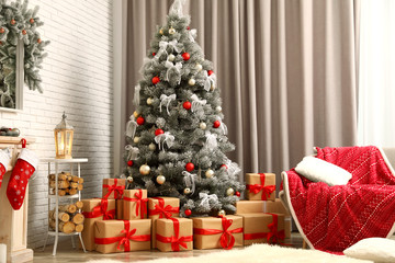 Stylish interior of living room decorated for Christmas