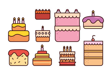 bundle birthday cakes with icons set