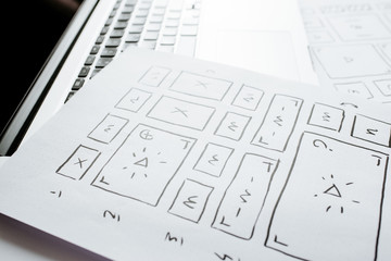 UX website design wireframe. Sketch, prototype, framework, layout future design project. UI/UX - user interface, user experience designer. Creative concept for web design studio. Website development