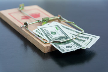 American dollar bills in a mousetrap close-up on a black background. Concept: financial trap, lending, debt.