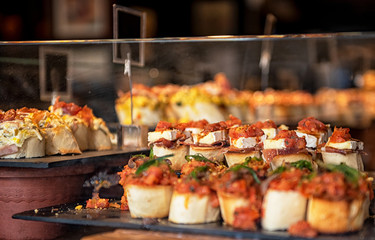 Close-up view of wide variety of tapas in Spain