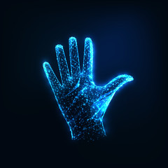 Futuristic glowing low polygonal raised open female hand isolated on dark blue background.