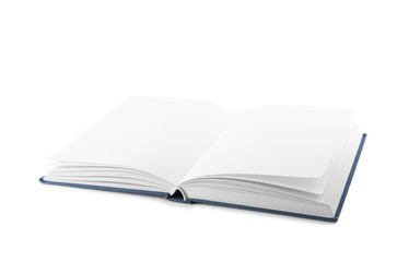 Open hardcover book with blank pages on white background