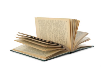 Open hardcover old book on white background