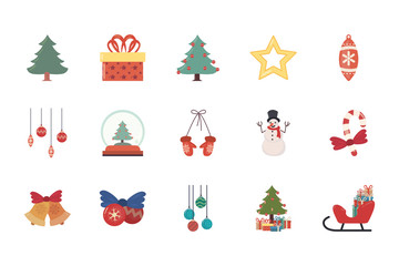 bundle of merry christmas with set icons