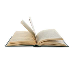 Open hardcover old book on white background