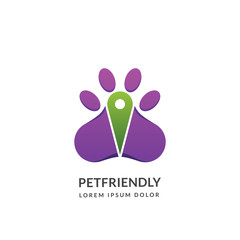 Dog or cat paw and map pin vector logo sign or emblem design template. Pet shop, center or pet friendly place concept