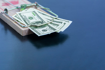 American dollar bills in a mousetrap close-up on a black background. Copy space. Concept: financial trap, lending, debt.