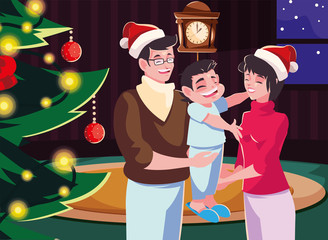 family in living room with christmas decoration, christmas evening scene