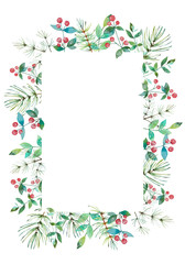 Watercolor Christmas frame with berry, fir branches and place for text