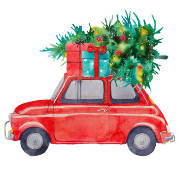 Watercolor illustration. Red car with Christmas tree and gifts