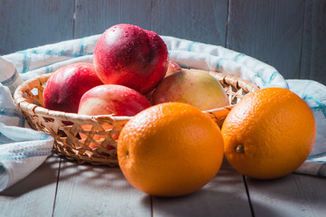 Fresh fruit nectarines healthy food.Harvest red and fresh nectarines . Pile of sweet fruits