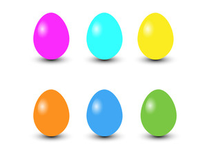 Set of 6 color Easter Eggs. Design elements for holiday cards. Easter collection. Colorful, glossy and isolated with realistic light and shadow on the light panel. Vector illustration.