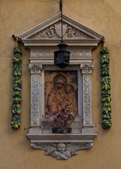 Fototapeta na wymiar Mary and Jesus on Building Exterior