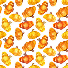 Pumpkin pattern set for Halloween and Thanksgiving holiday celebration. Watercolor illustration.