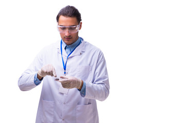 Young student zoologist with butterfly isolated on white