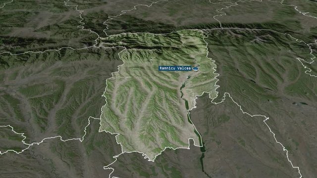 V&acirc;lcea - county of Romania with its capital zoomed on the satellite map of the globe. Animation 3D