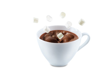 Dark hot chocolate drink on a white isolated background