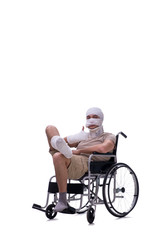 Fototapeta premium Injured man in wheel-chair isolated on white