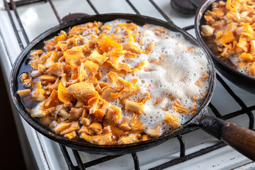 Mushrooms chanterelles are fried in an old pan