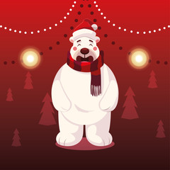 christmas card of polar bear with hat and scarf