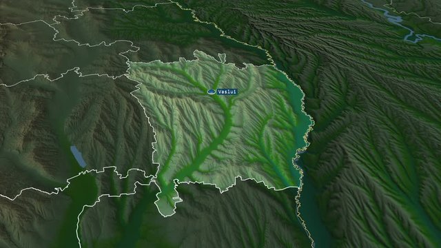 Vaslui - county of Romania with its capital zoomed on the physical map of the globe. Animation 3D