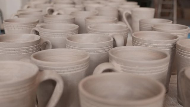 Pottery workshop. Different types of jug made of clay. La Rambla. Cordova