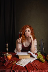 Red-haired girl in a historical suit plays the lute. Renaissance painting style.....