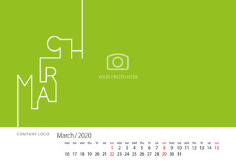 Calendar 2020 New Year March modern line design template green background