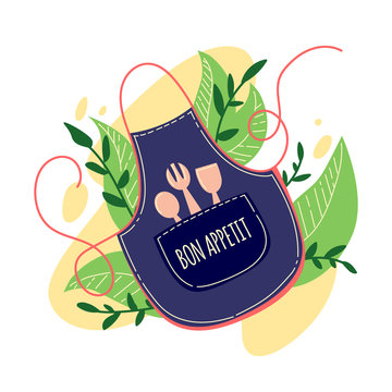 Apron with kitchenware and leaves. Vector illustration. Can be used for badge, logo, bakery, street festival, farmers market, country fair, shop, kitchen classes, food studio
